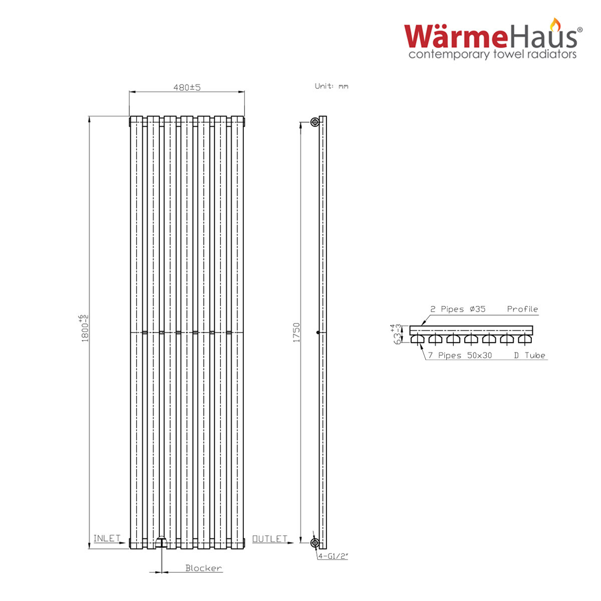 Vertical Column Designer Radiator Rectangle Flat Panel Single White 1800x480mm