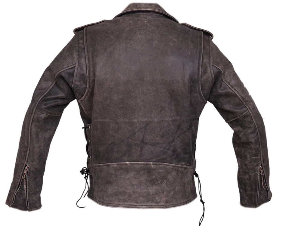 Mens Distressed Leather Marlon Brando Belted Biker Motorcycle Armoured Jacket - Image 2 of 4