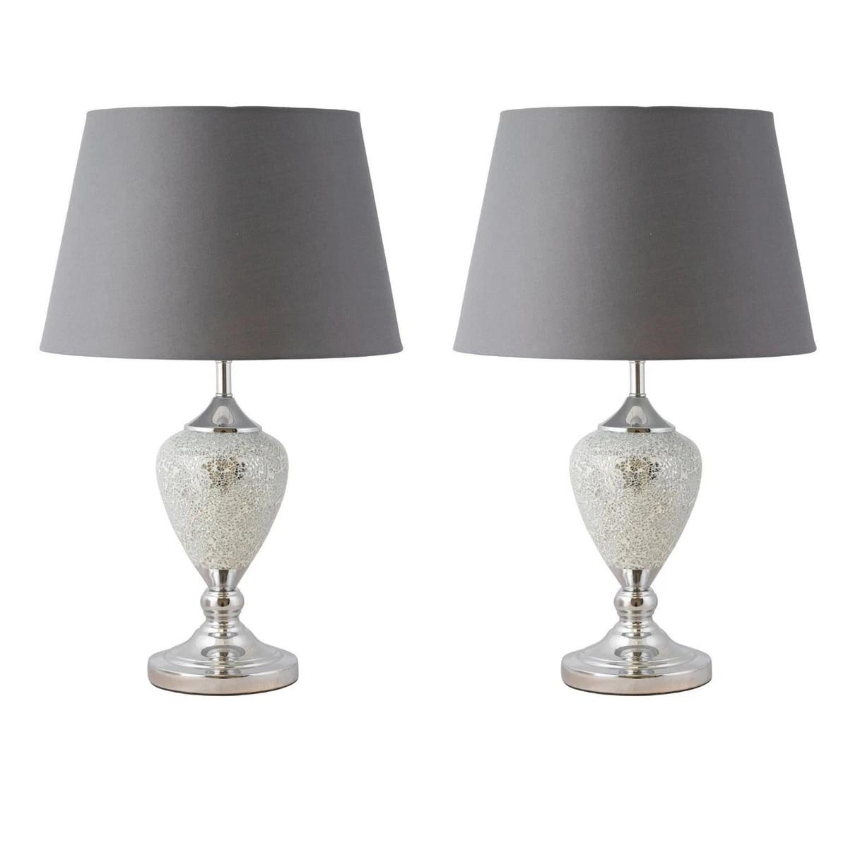 Pair of Large Glam 59cm Chrome Mirrored Crackle Glass Grey Shade Table Lamps