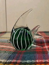 Art Glass Angel Fish Paperweight Figurine Clear White Green 4.5 Tall