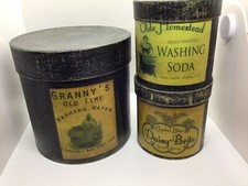 Round Paper Mache Boxes, Set Of 3, Distressed With Laundry Scenes