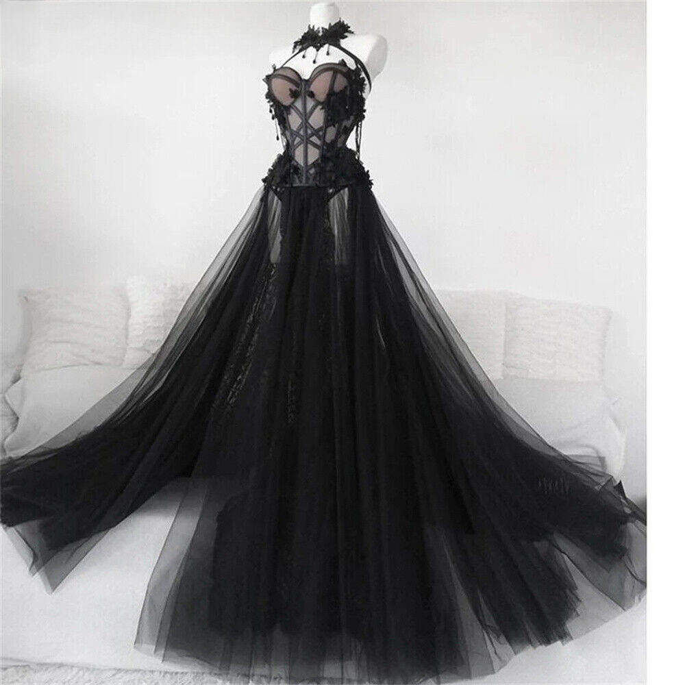 Black Gothic Lace Wedding Dresses A-Line Fairy Tulle Forest Bridal