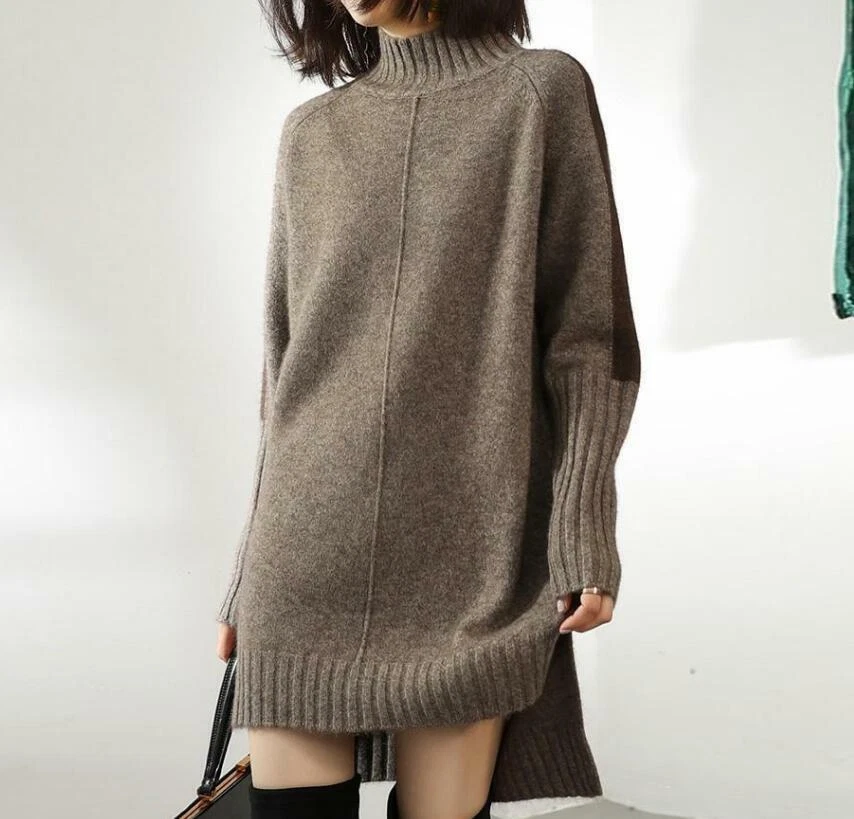Ladies High Neck Faux Cashmere Sweater Dress Thicken Slit Long