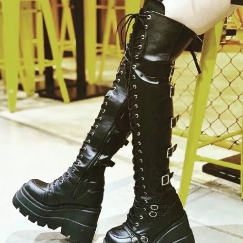 Overknee Stiefel Plateau Keilabsatz Stiefel Overknee Stripper Absatz Schnür Schnalle - Bild 3 von 25