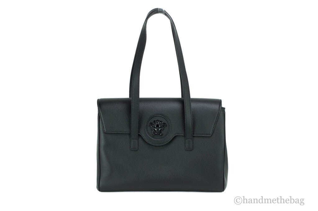 Versace Medusa Black Pebbled Leather Briefcase Shoulder Tote