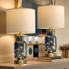 22" Glass Table Lamps Set of 2, Blue Modern Bedside Lamp with LED Night Light fo