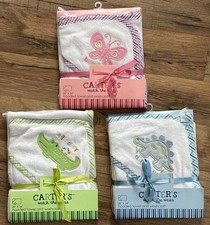Lot Of 3 Carters Hooded Towel  Washcloth Sets 28" x34" Green Blue Pink NEW NOS