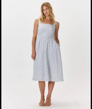 NWT Quince Dress Linen Fit & Flare Midi Dress Blue Pinstripe Size Small Coastal