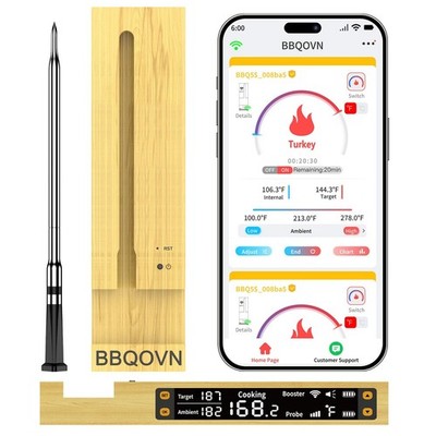 BBQOVN WiFi Sub-1G Wireless Meat Thermometer Unlimited Range, Check Temp Anyw...