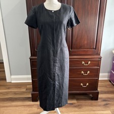 Vtg Talbots Irish Linen Dress 4 Black Midi Button Front Lined Short Sleeve