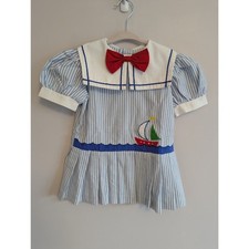 Vintage Toddler Nautical Sailor Dress with Red Bow Boat Appliqu - Size 5T