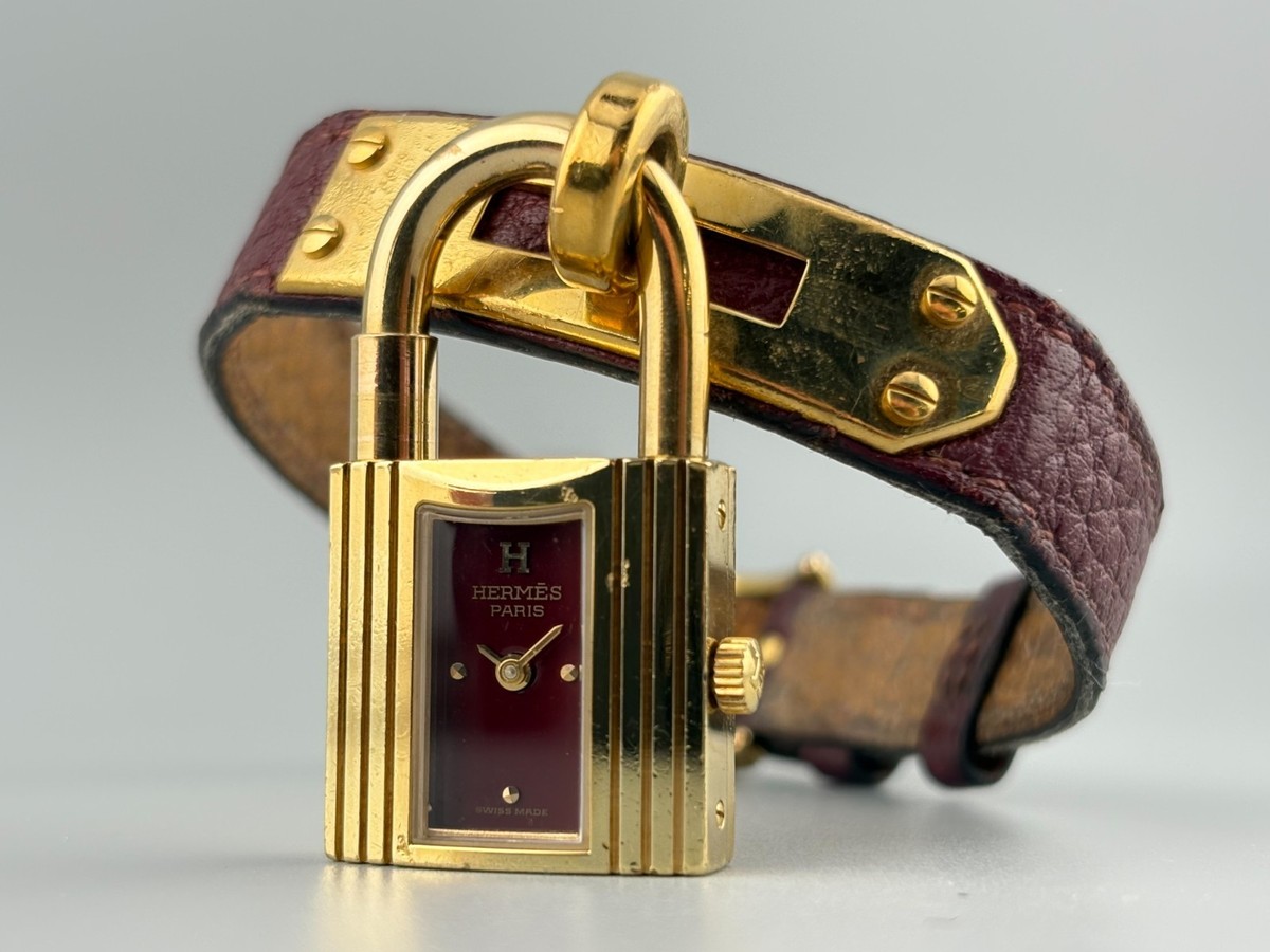 Very Good] HERMES Kelly Gold Swiss Qz Women's Padlock Watch Wine