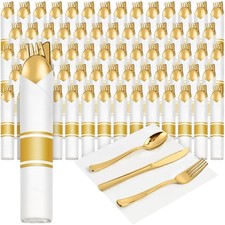 200 Pack Pre Rolled Gold Plastic Silverware Set, Disposable Wrapped Cutlery S...