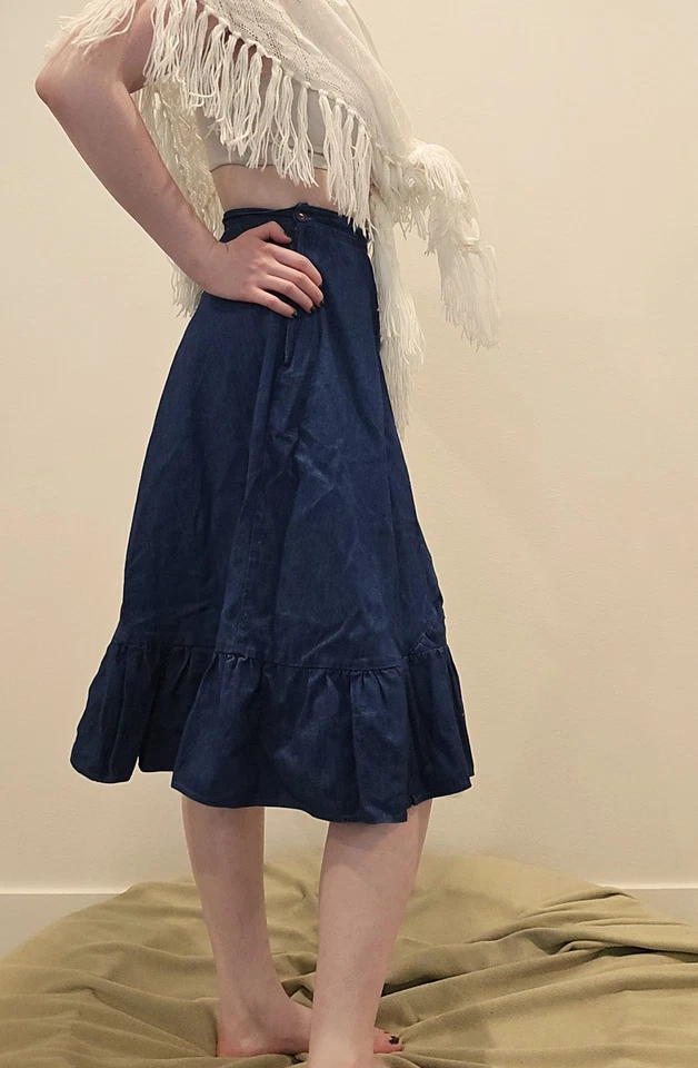 Falda Vaquera Años 70 De Colección Western Prairie Volantes Xs Boho Hippie Midi Acampanada Foto 3 de 4