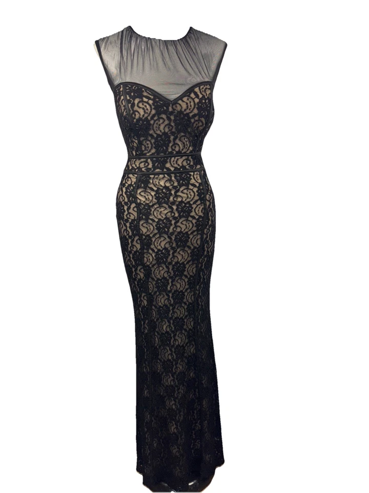 VTG 90s Black Lace Sheer Evening Gown Illusion Bodycon Whimsygoth Sm Mermaid Y2K - Image 2 of 4