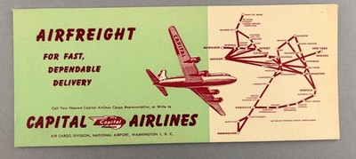 Capital Airlines Luftfracht Fluggesellschaft Werbung Löscher Streckenplan Douglas DC-4