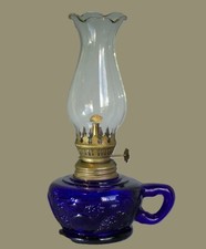 7 " Mini OIL Lamp Cobalt Blue Glass Fruit Fingerloop Hurricane, Kerosene