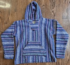 Baja Joe Mexican Poncho Hoodie Mens Small Blue Aztec Pullover Made in Mexico