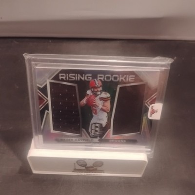 2018 Panini Spectra Baker Mayfield Rising Rookie Silver Prizm Dual Patch #'d/199