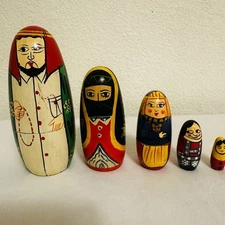 Set Of 5 Wooden Hand Painted Arab Russian Nesting Dolls