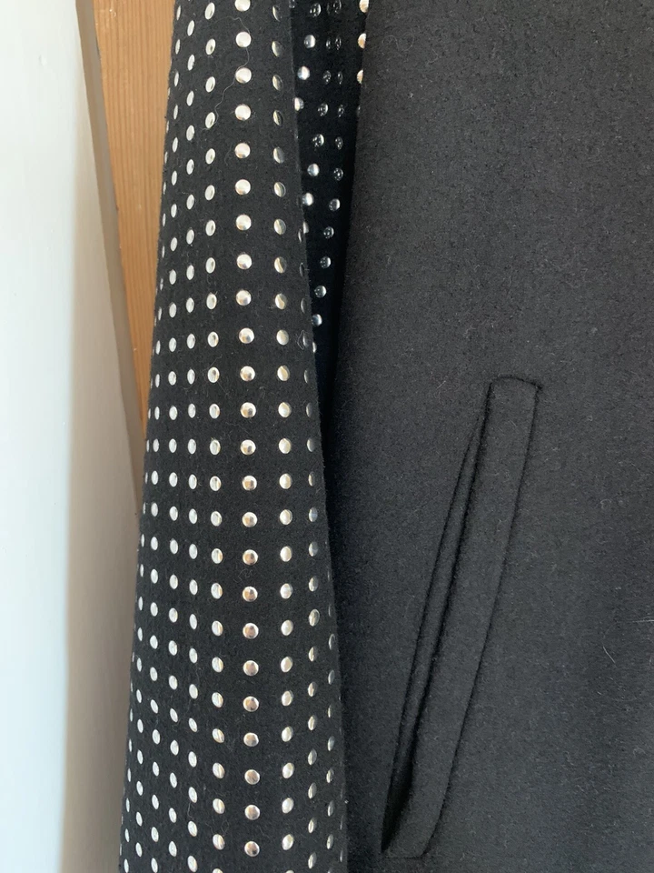 Jou Jou Black Coat. Studded Sleeves. Red Satin Lining. Size S. Button Missing - Image 3 of 4