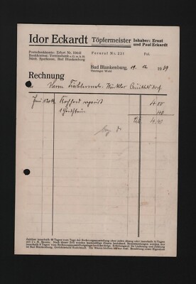 Bad Blankenburg, invoice 1939, Idor Eckardt master potter
