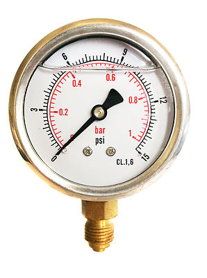 Hydraulikmanometer Glycerin gefüllt 0/15 PSI / 0/1 Bar 63mm Zifferblatt 1/4 BSP
