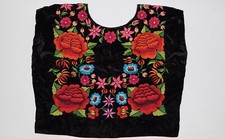 Black Velvet Mexican Folk Blouse Shirt Heavily Embroidered Multicolored Flowers