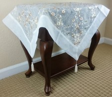 Embroidered Gold Tassel Handmade Rhine Stone Tablecloth 33" Square Table Cover