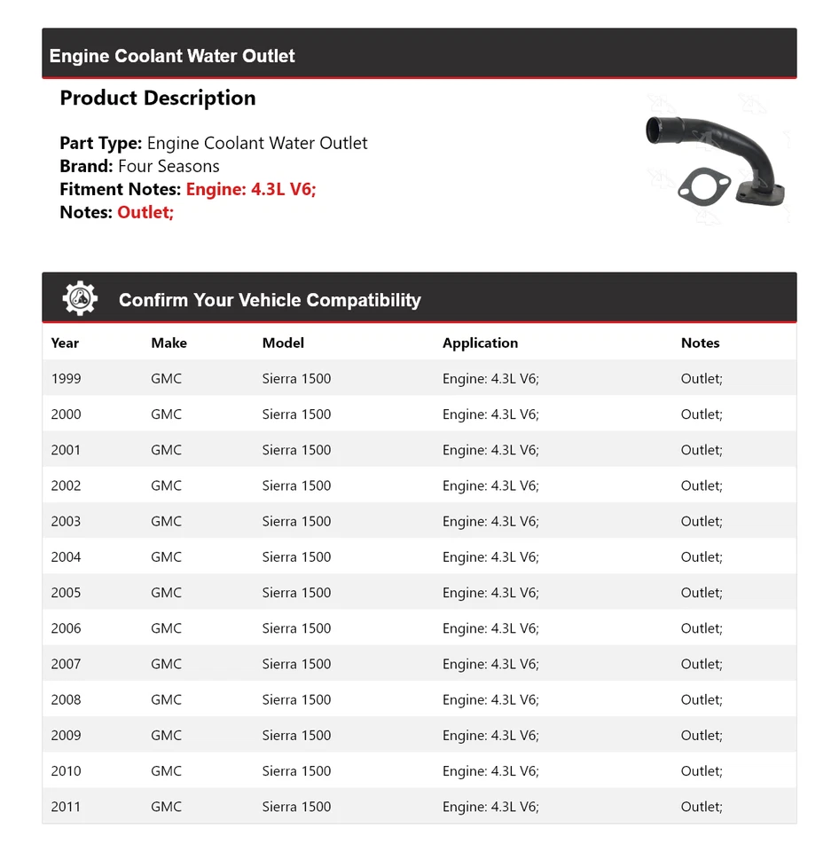 For 1999-2011 GMC Sierra 1500 4.3L V6 Engine Coolant Water Outlet 4 Seasons 2000 - Image 2 of 4