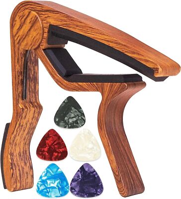 Capo Schnellwechsel Gitarren-Capo - Aluminiumlegierung Capo Holz mit 5 Gitarren-Plektren