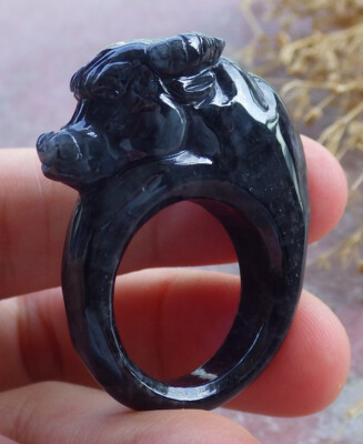 Video Certified Black Burma Natural A JADE Jadeite Cow Ox RING USA. 8 戒指 670712