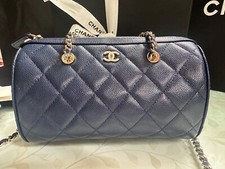 New CHANEL 25P Purse Gold Chain Top Handle Barell Navy Blue CAVIAR Bag RECEIPT