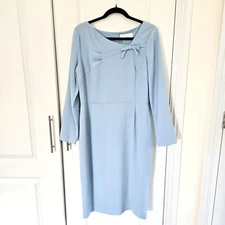 GOAT Pencil Dress Size 14 UK US 10 100% Wool Light Blue Crepe Midi Bow Detail