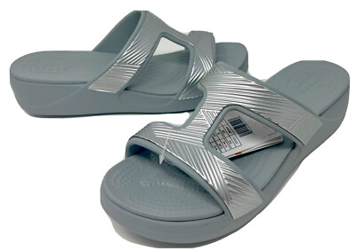 Crocs Monterey Metallic Slide Wedge Sandal Womens Size 10 Silver
