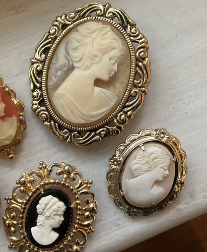 Vintage LOT CAMEO BROOCH PINS Carved Shell Signed Coro Acrylic Double Profile - Picture 5 of 8