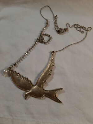 Gold Colored Flying Bird Women's Necklace with Bead and Stones *FREE SHIP*