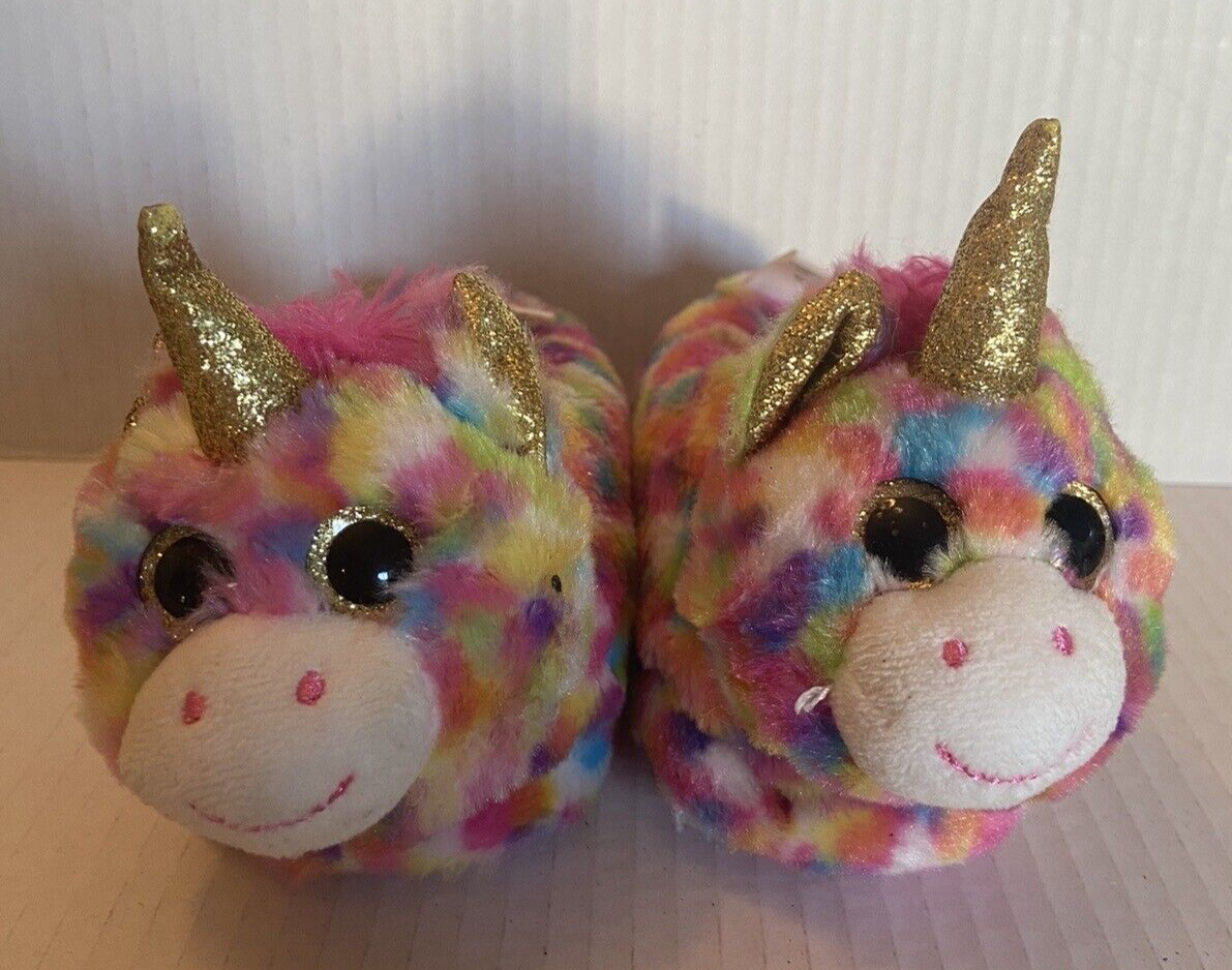 PANTOFOLA D’ORO Soffici pantofole da bambina fuzzy unicorno oro rosa arcobaleno taglia small (5 6)