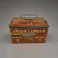 Antique Union Leader Cut Plug Tobacco Lunch Pail Tin W/ Band & Stamp