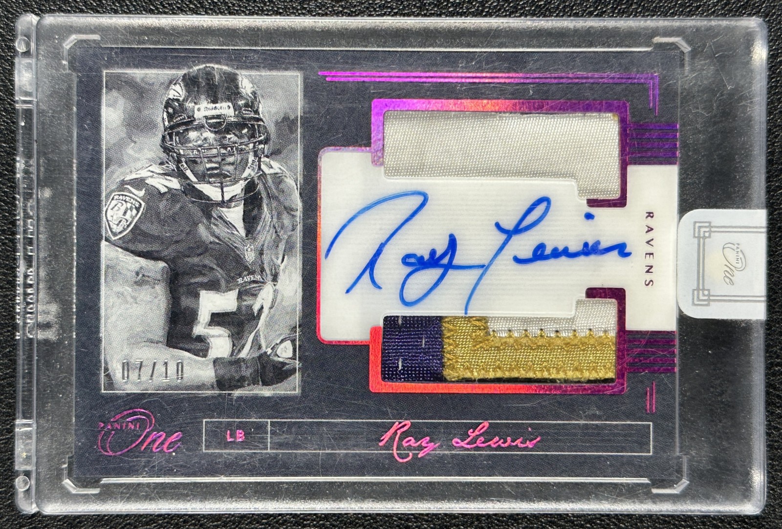 RAY LEWIS 2018 PANINI ONE #152 DUAL GAME-USED JERSEY PATCH AUTO PINK 7/10 RAVENS view 1