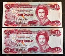 Bahamas Islands 2 Consecutive# $3 Dollar Banknotes 1984 Choice Uncirculated P#44