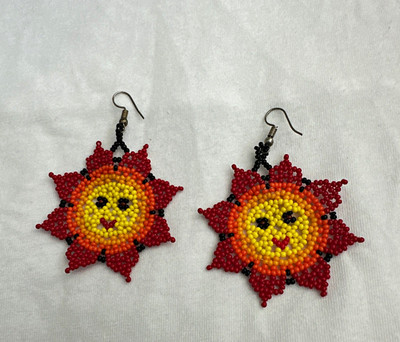 Handcrafted Beaded Sun Face Dangle Hook Earrings, Multicolor Glass Women's