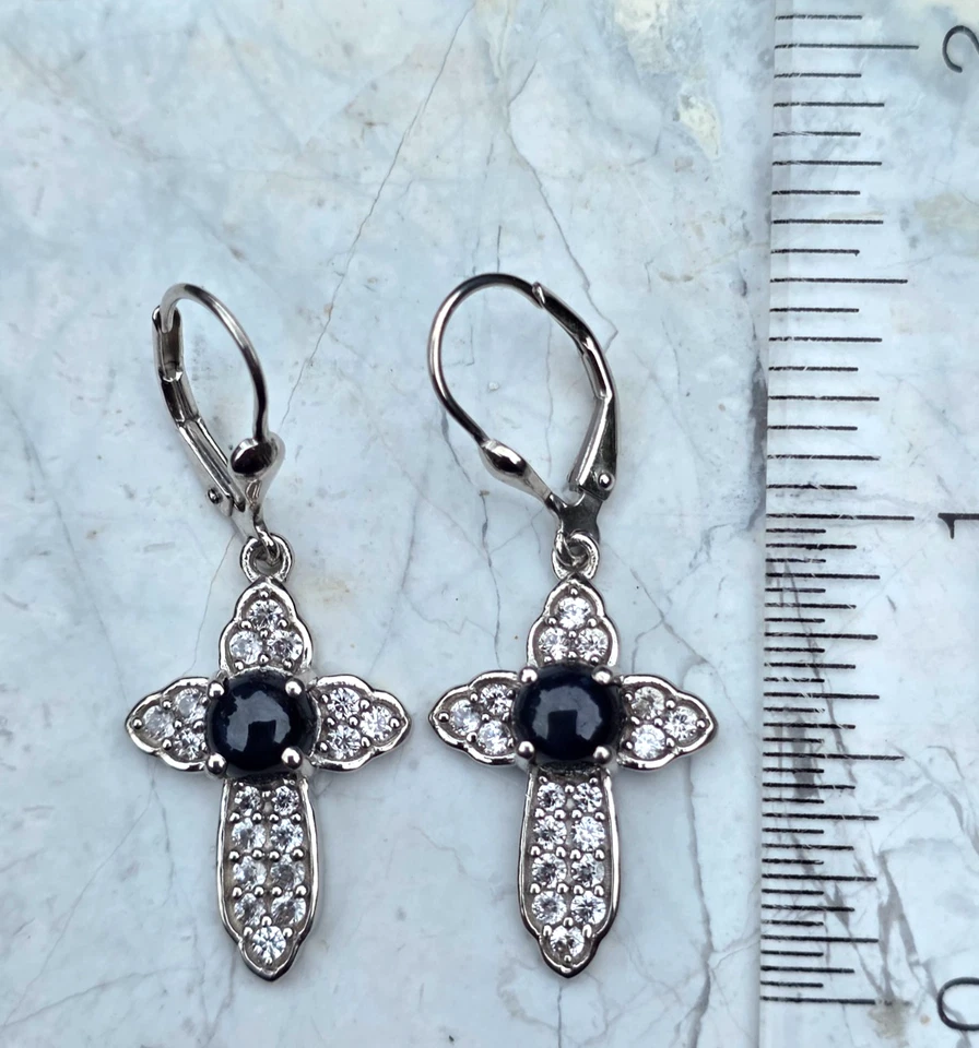 Blue Star Sapphire / White Zircon Cross Earrings in Platinum Sterling 4.00 ctw - Image 4 of 4