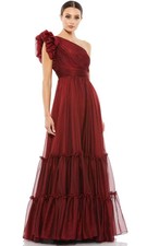 Mac Duggal Burgundy Wine One-Shoulder Ruffled Sleeve Chiffon Gown Size 22 $498