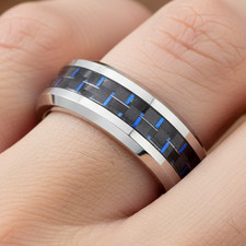 6mm Men's Tungsten Wedding Band with Blue Carbon Fiber Weave Inlay Beveled Ring