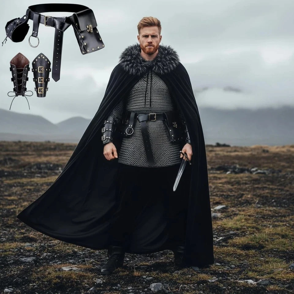 6 Pcs Halloween Men'S Viking Costume Set Medieval Viking Fur Cape Cloak Renaissa - Image 3 of 4