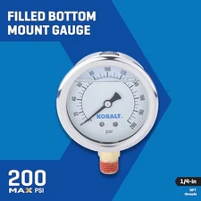 LIQUID FILLED PRESSURE GAUGE 0-200 PSI, 2.5" FACE, 1/4" BACK MOUNT NEW KOBALT