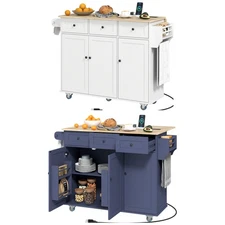 HOMCOM Mobile Kitchen Island with Power Outlet Drop Leaf Kitchen Cart