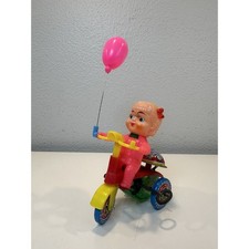 VINTAGE NEW 1960's Girl Tricycle Wind-up Toy w/Balloon