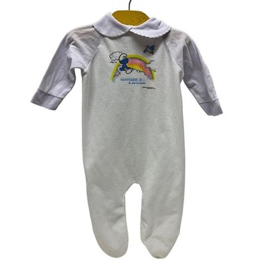 Vintage 80s SMURFS Baby Girl Sleeper 3-6M White/Purple Happiness Is A Rainbow
